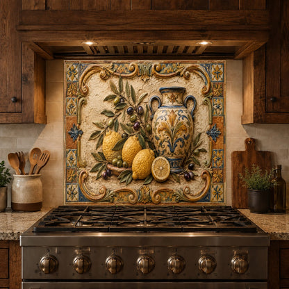 Custom tempered glass kitchen backsplash with vibrant fruit design behind a sink