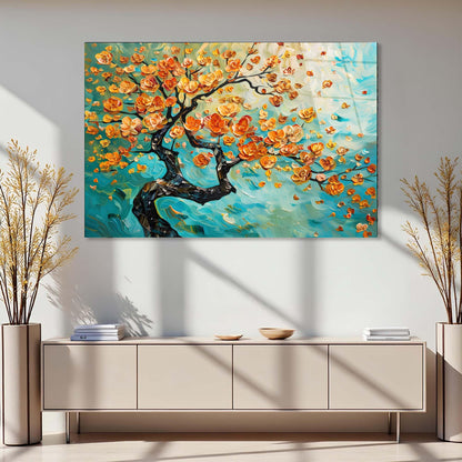 Colorful abstract painting of a tree with orange flowers on a wall above a light-colored cabinet.