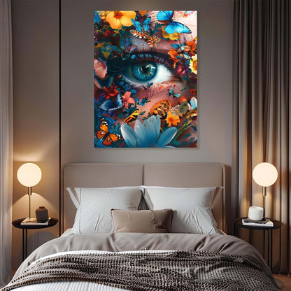 Colorful abstract painting of an eye with butterflies above a bed in a bedroom.