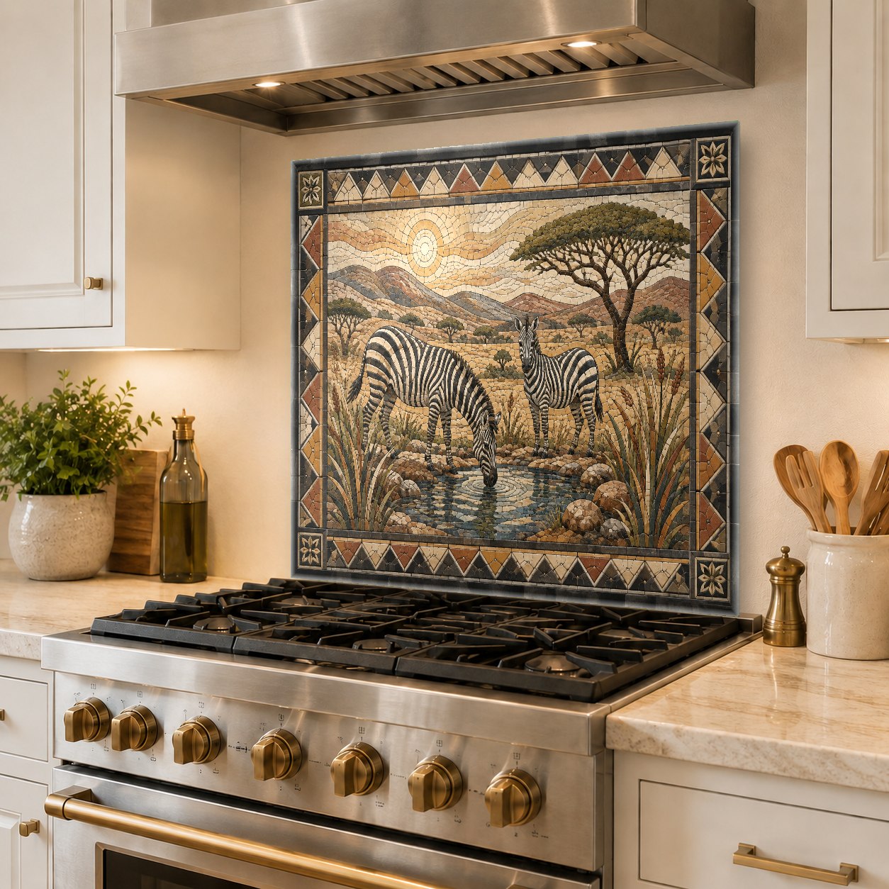 African safari zebra glass kitchen backsplash behind a sleek stovetop