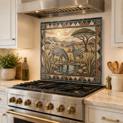 African safari zebra glass kitchen backsplash behind a sleek stovetop