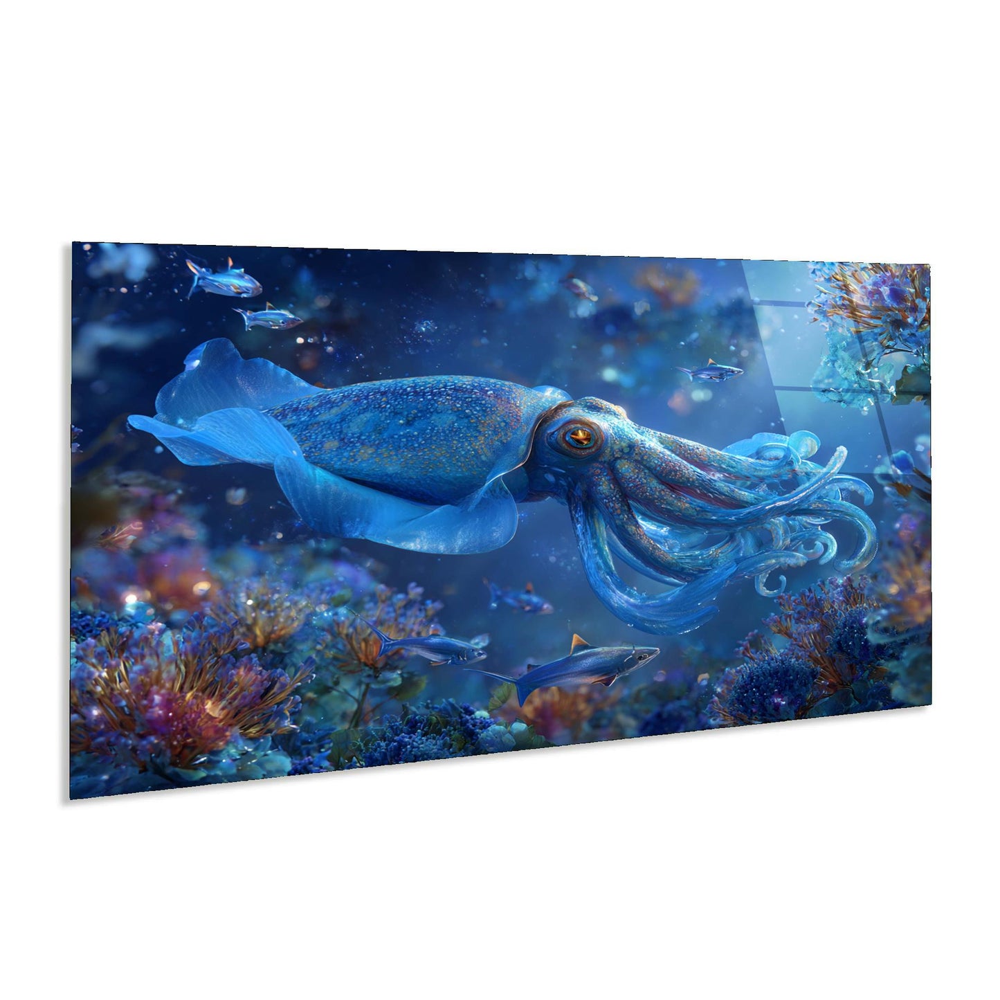 Blue squid in an underwater scene with colorful fish and coral