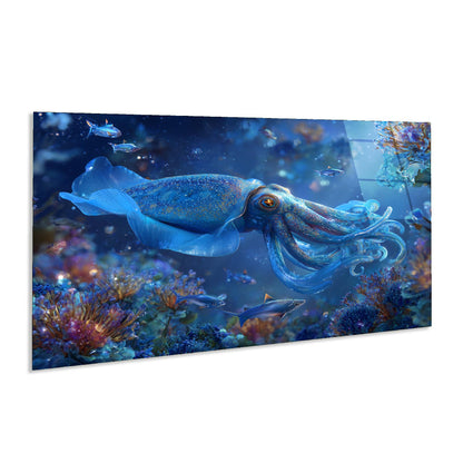 Blue squid in an underwater scene with colorful fish and coral