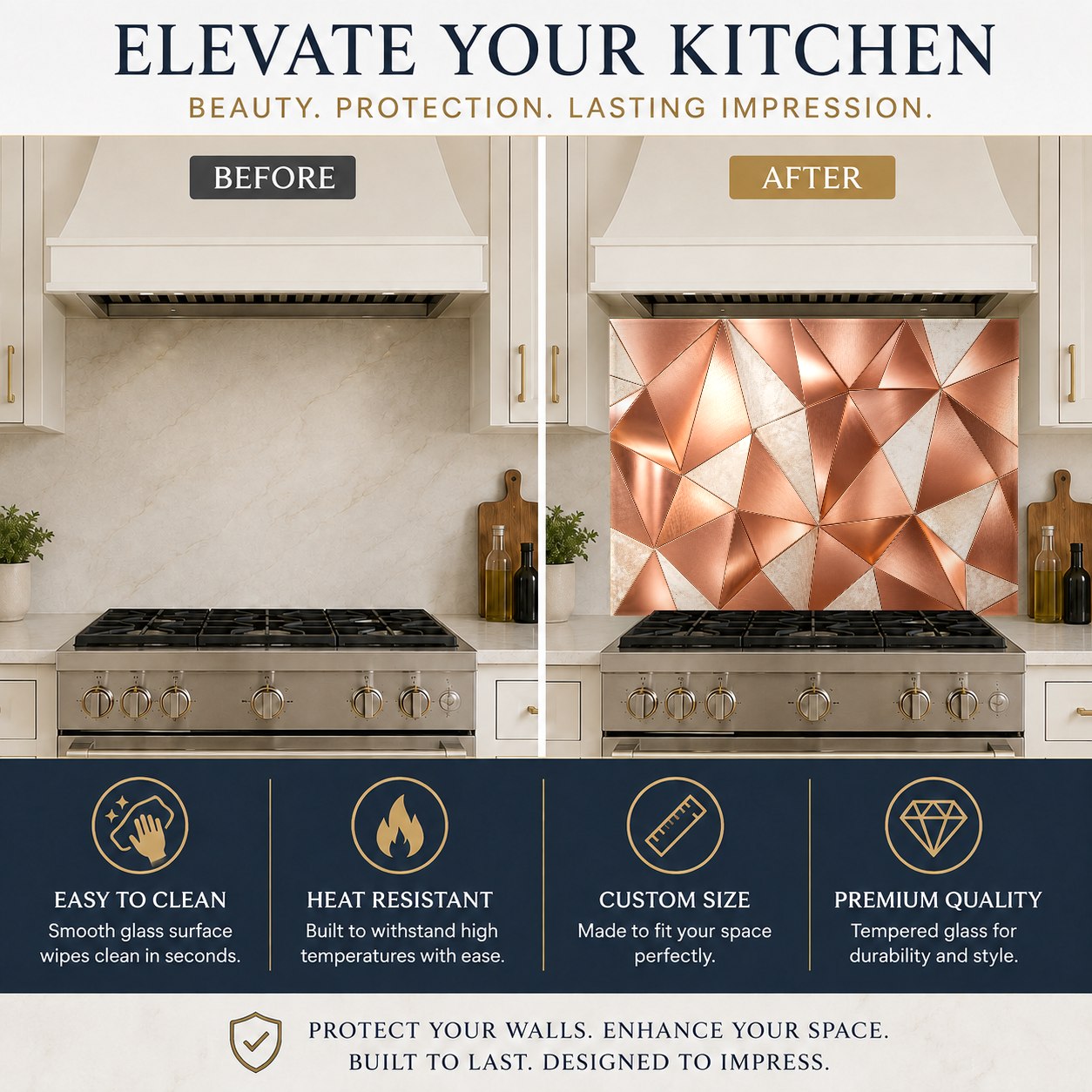 Sleek kitchen sink wall featuring an abstract copper glass backsplash panel