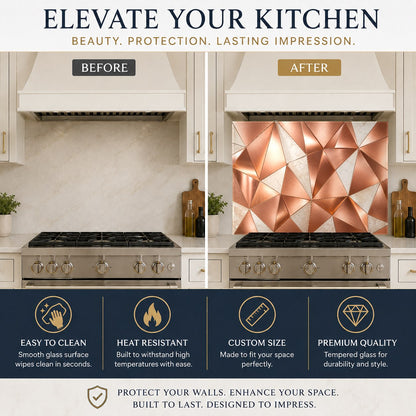 Sleek kitchen sink wall featuring an abstract copper glass backsplash panel