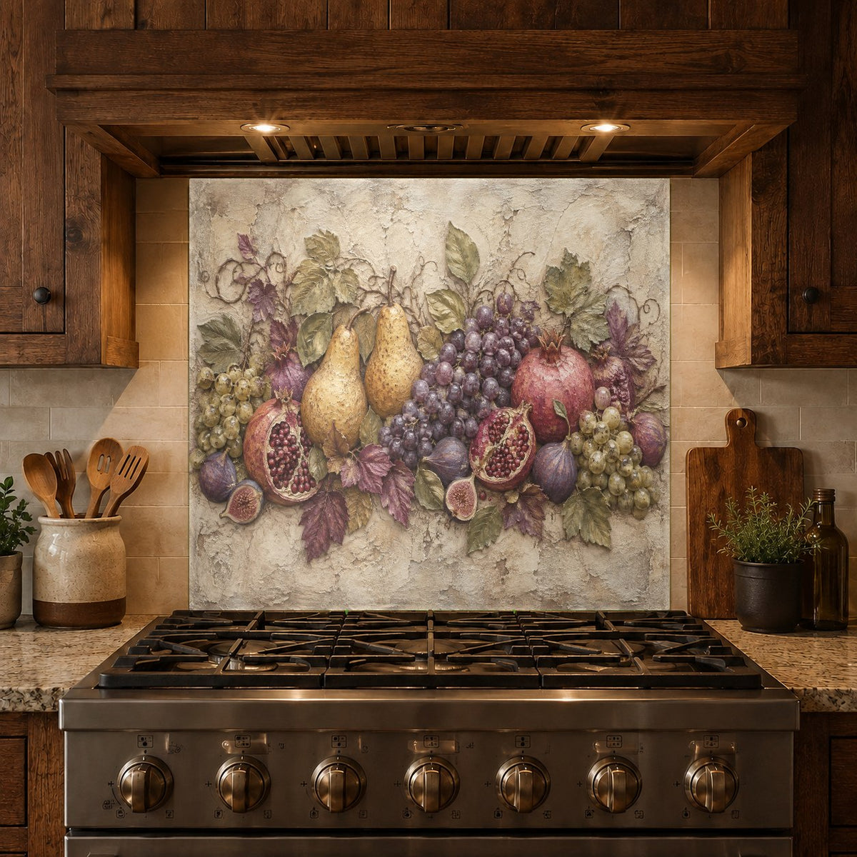 Custom tempered glass fruit backsplash behind residential kitchen stove