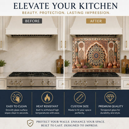Modern copper look glass backsplash protecting the wall behind a kitchen sink