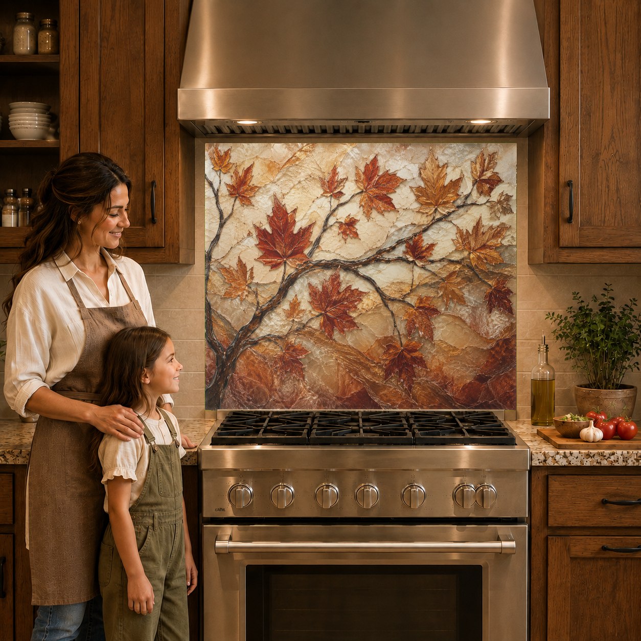 Close-up of heat-resistant glass backsplash with vibrant autumn maple leaves behind a high-end cooktop.