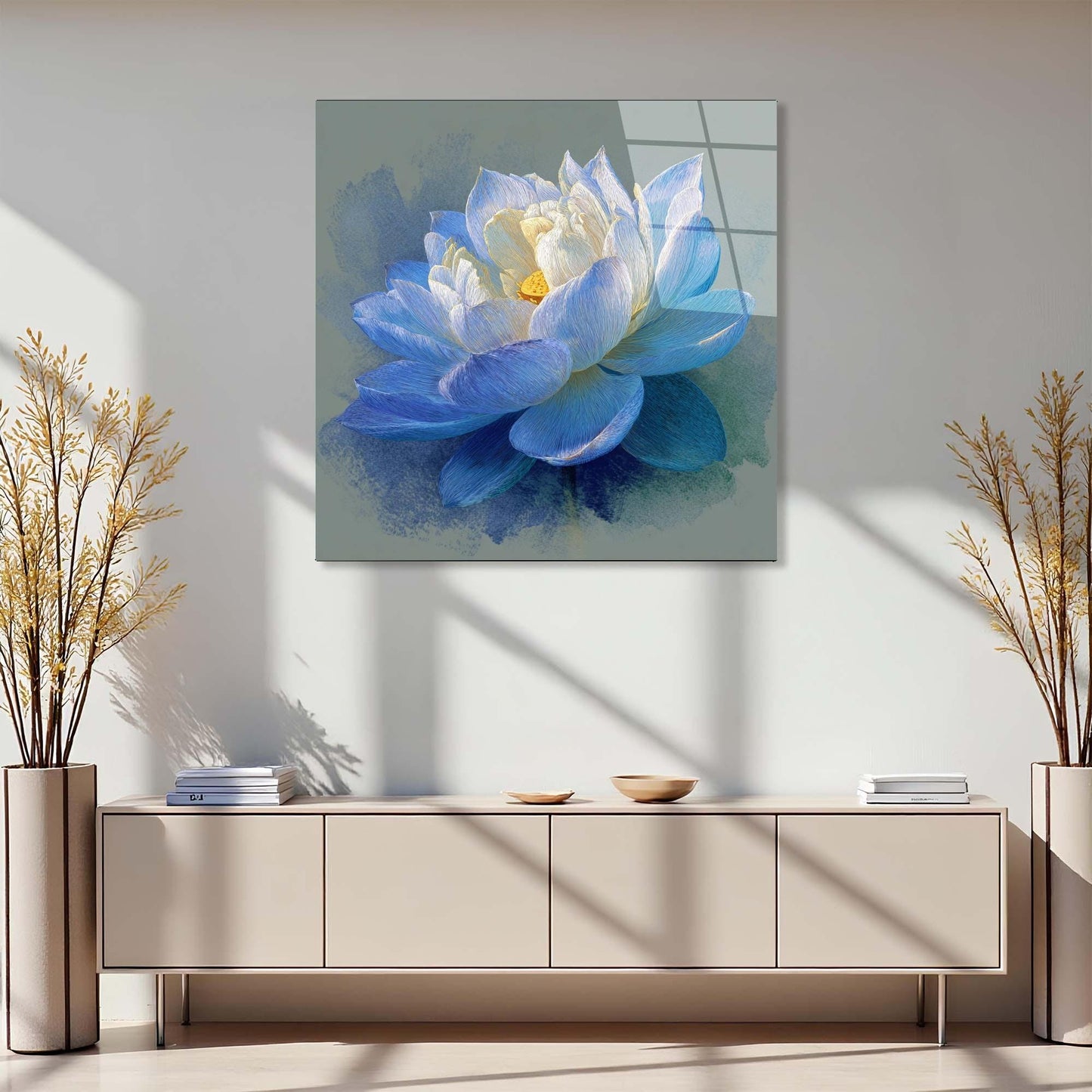 Modern interior with a large abstract painting of a blue flower above a light-colored cabinet.