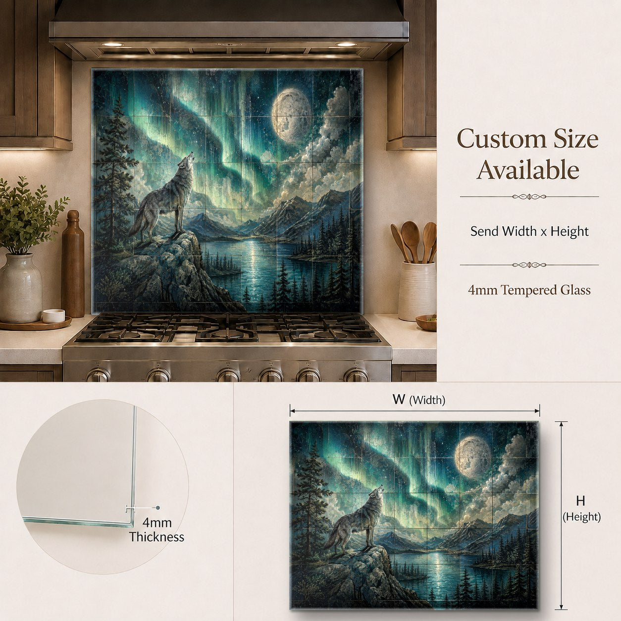 Scenic animal glass backsplash panel installed in a contemporary home bar area