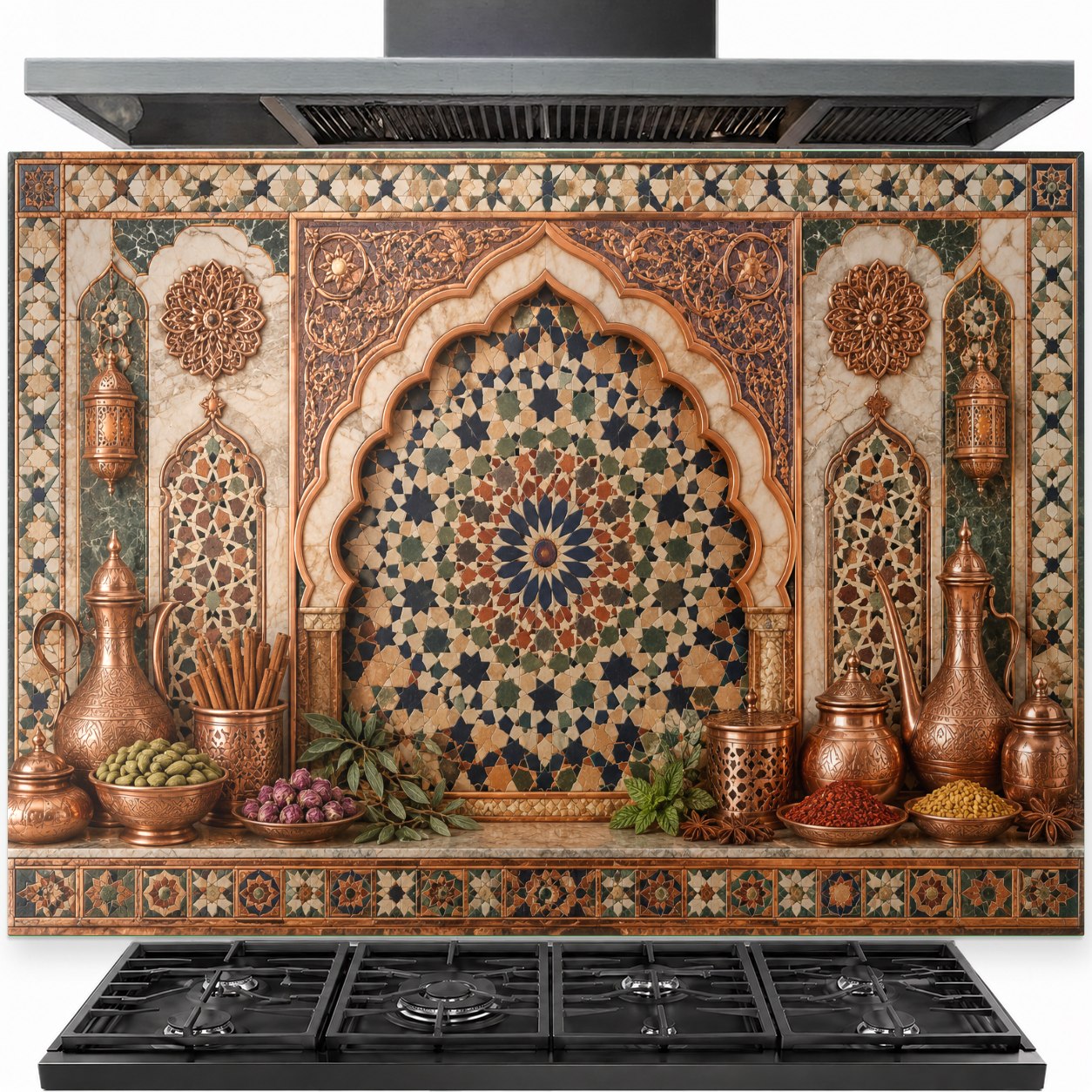 Copper tile look tempered glass backsplash installed behind a stainless steel stove
