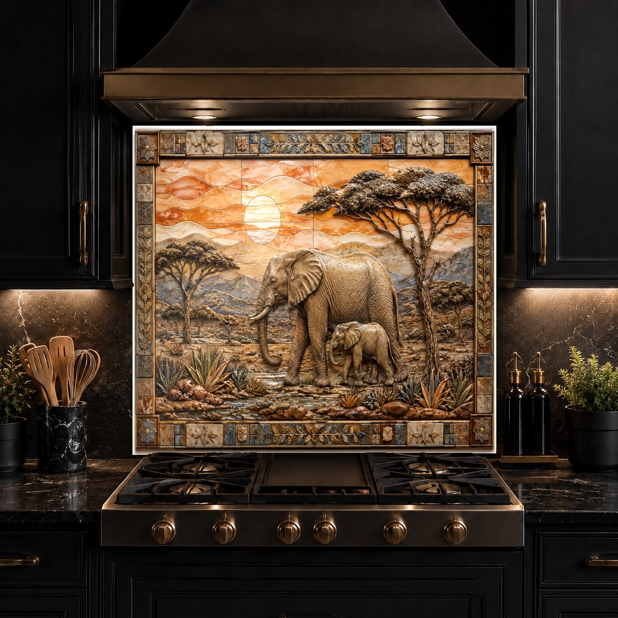 Elephant family themed glass backsplash panel installed in a modern bar area