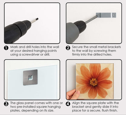 Installation guide for wall art without a wooden frame, showing steps with tools and hardware.