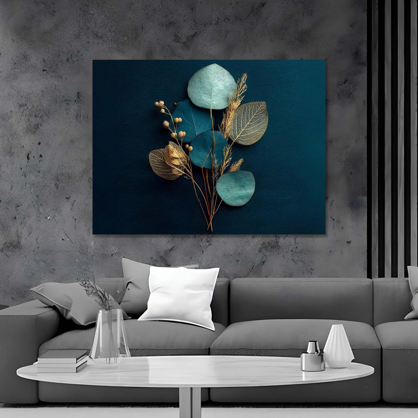 Floral artwork on a wall above a gray sofa in a living room.