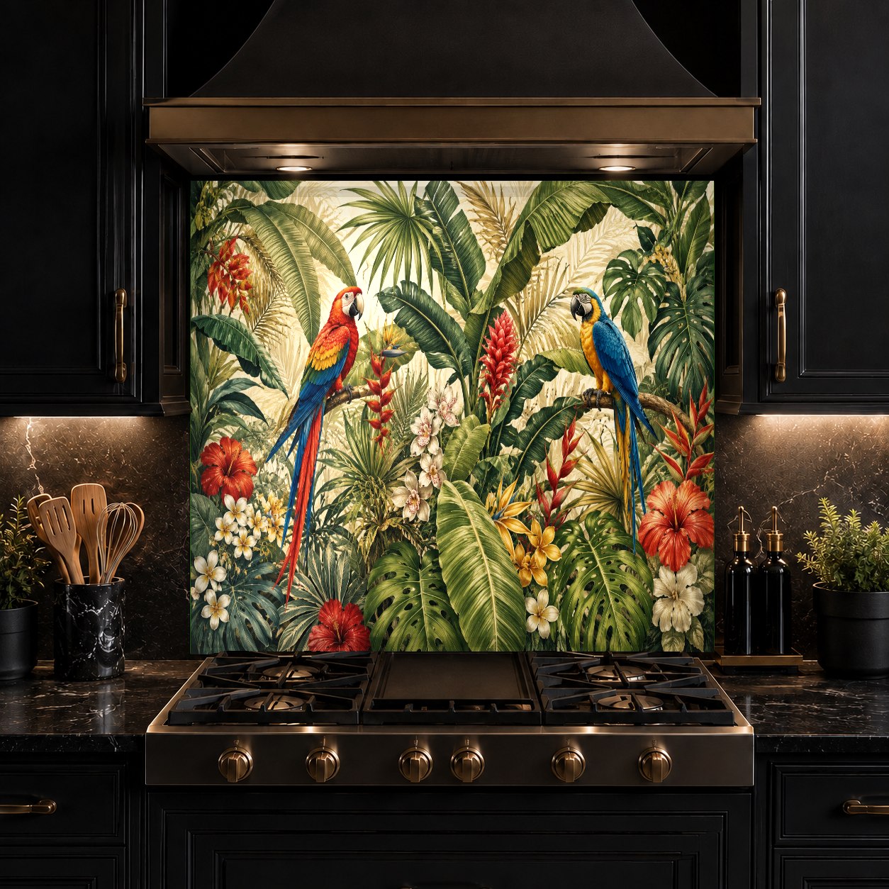 Full view of a kitchen featuring a tropical bird tempered glass backsplash