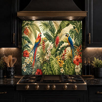 Full view of a kitchen featuring a tropical bird tempered glass backsplash