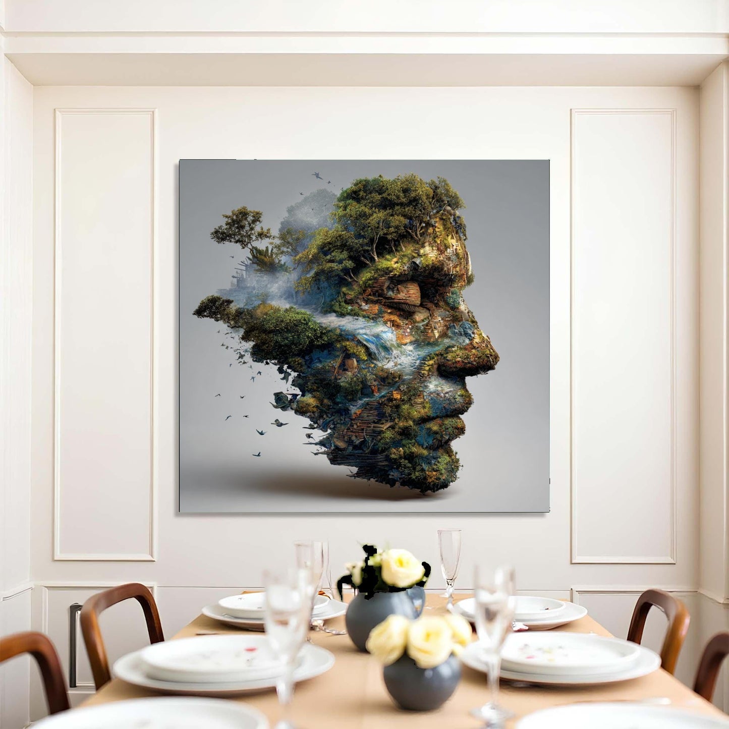 Framed abstract artwork of a landscape on a wall above a dining table with place settings.