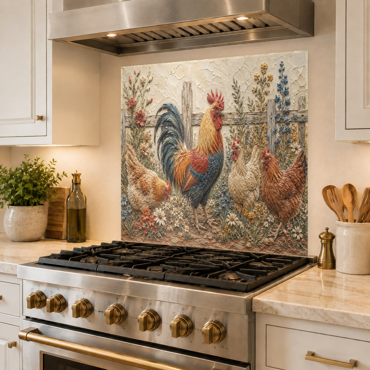 Close-up of rooster tempered glass backsplash with heat-resistant surface