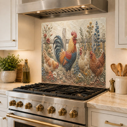 Close-up of rooster tempered glass backsplash with heat-resistant surface