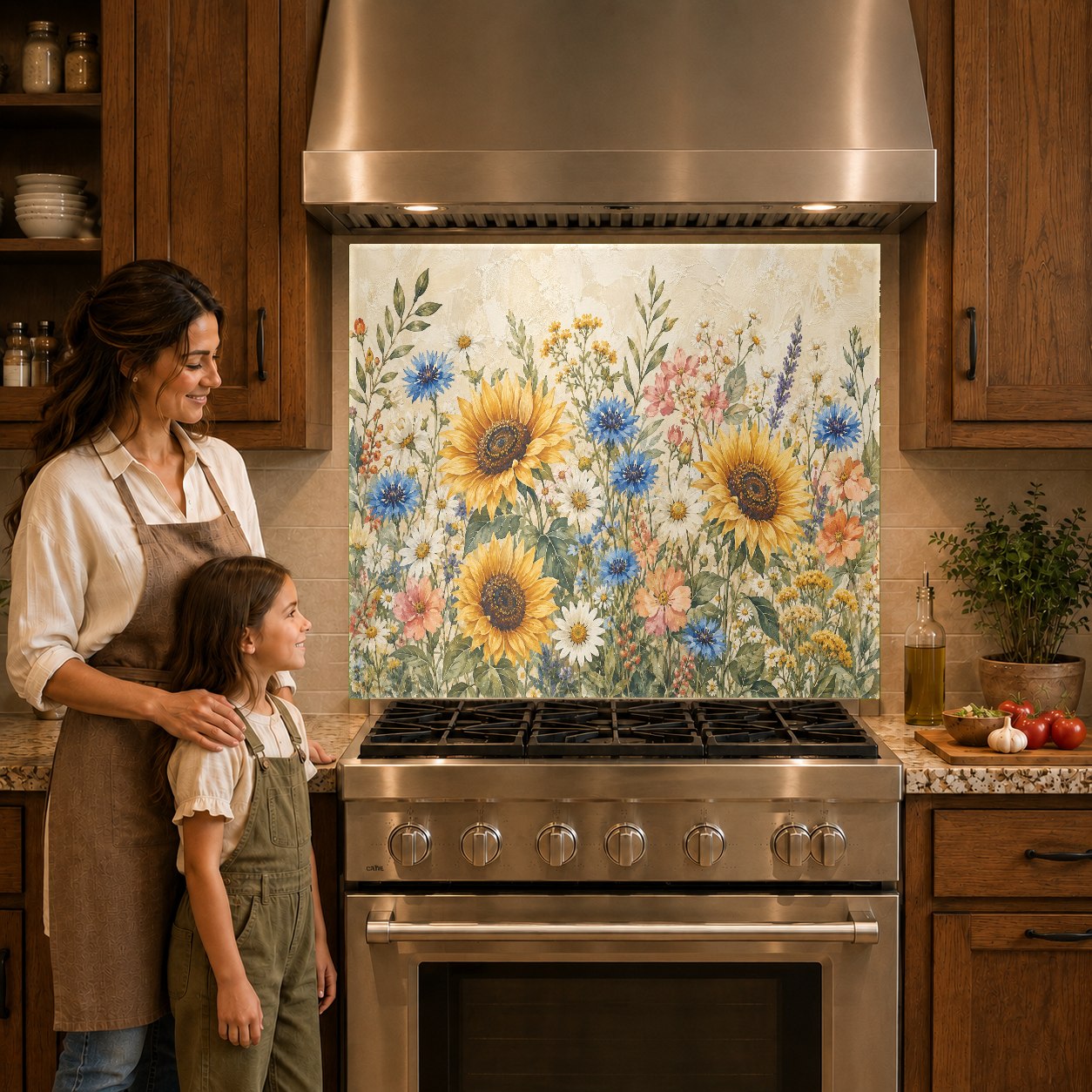 Close-up of a heat-resistant sunflower glass backsplash protecting the wall behind an induction cooktop.
