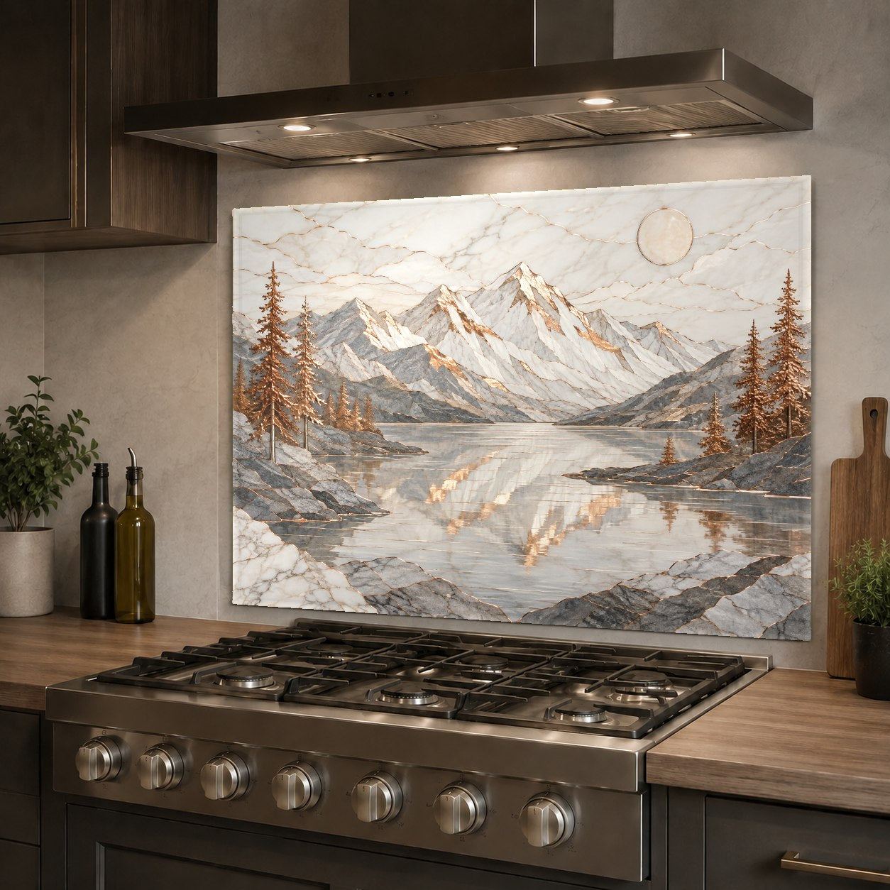 Modern kitchen featuring a stunning copper lake glass backsplash panel under warm LED cabinet lighting.