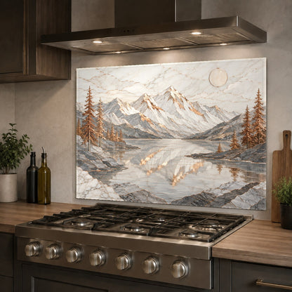 Modern kitchen featuring a stunning copper lake glass backsplash panel under warm LED cabinet lighting.