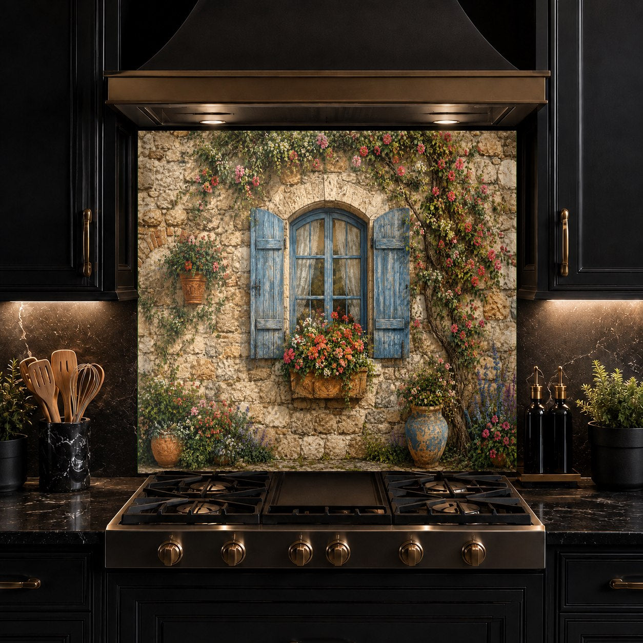 Rustic window glass backsplash panel adding a scenic view behind a kitchen island sink setup