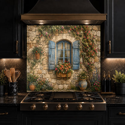 Rustic window glass backsplash panel adding a scenic view behind a kitchen island sink setup