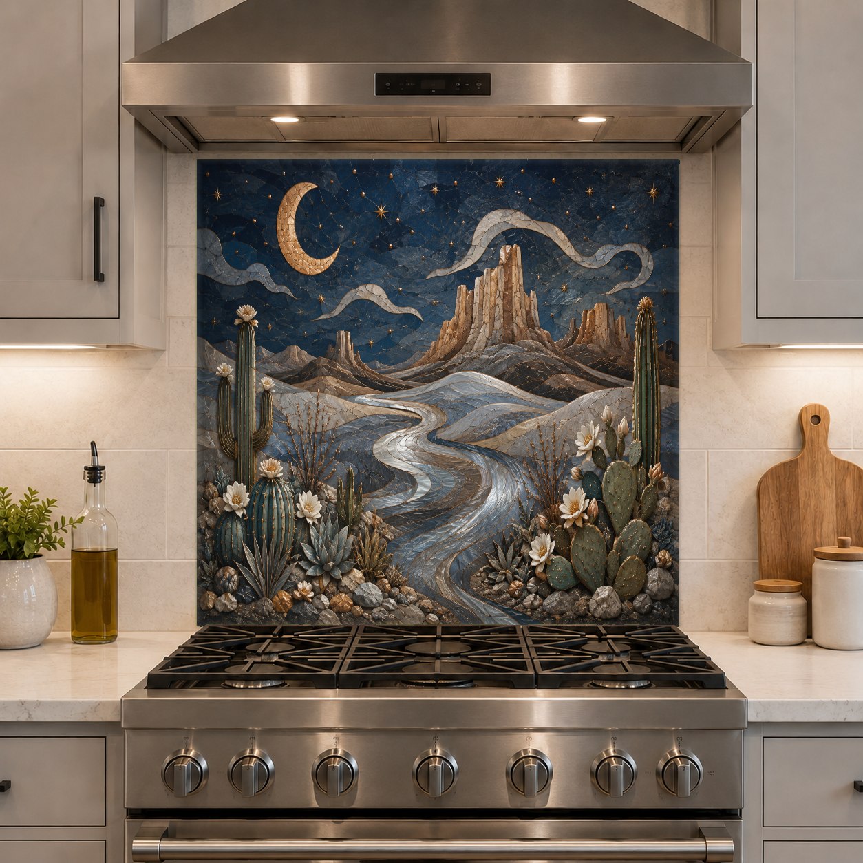 High-gloss glass backsplash panel with desert cacti and full moon artwork installed above a sleek kitchen counter.