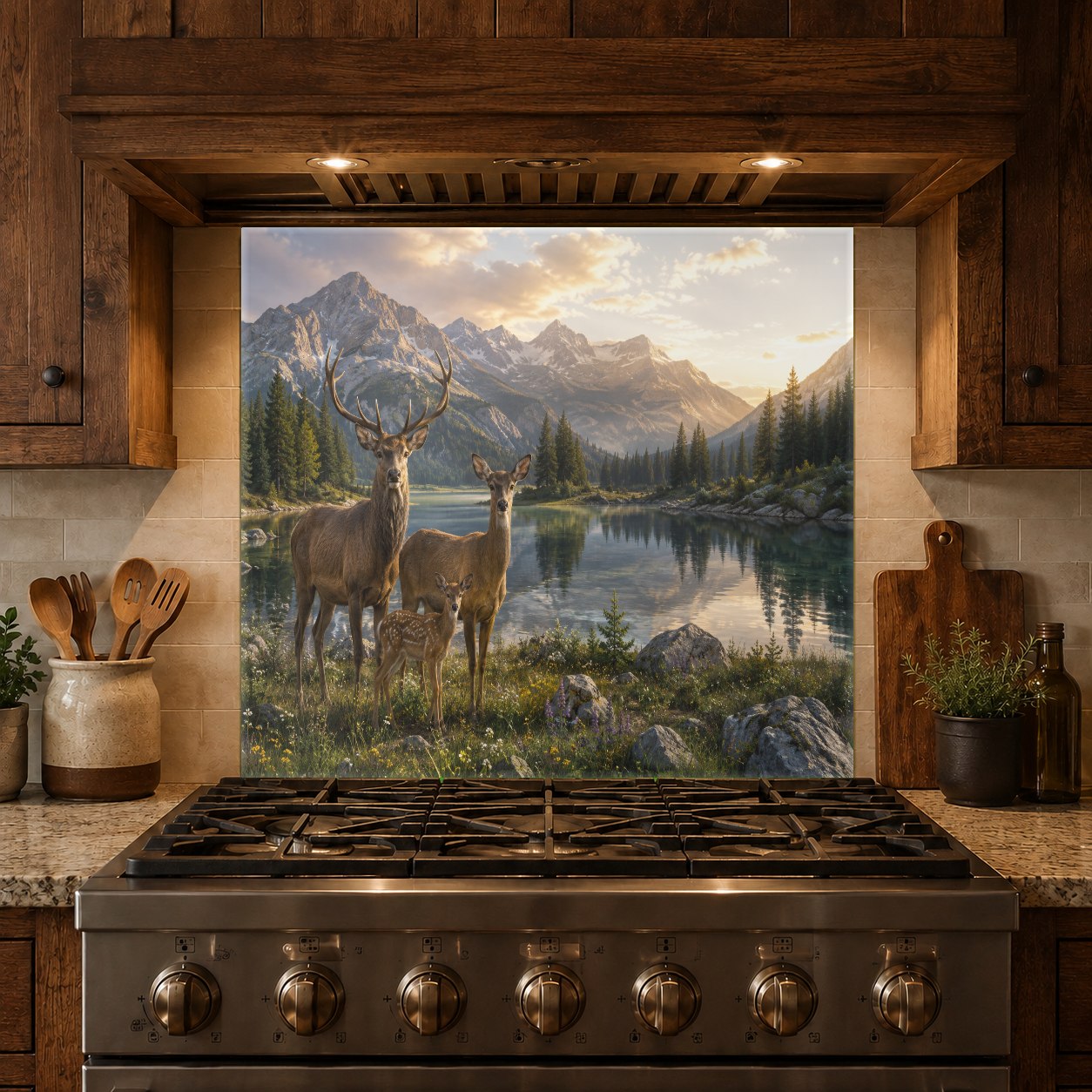Stunning wildlife-themed kitchen backsplash panel with a deer family illustration behind a sleek electric stove.