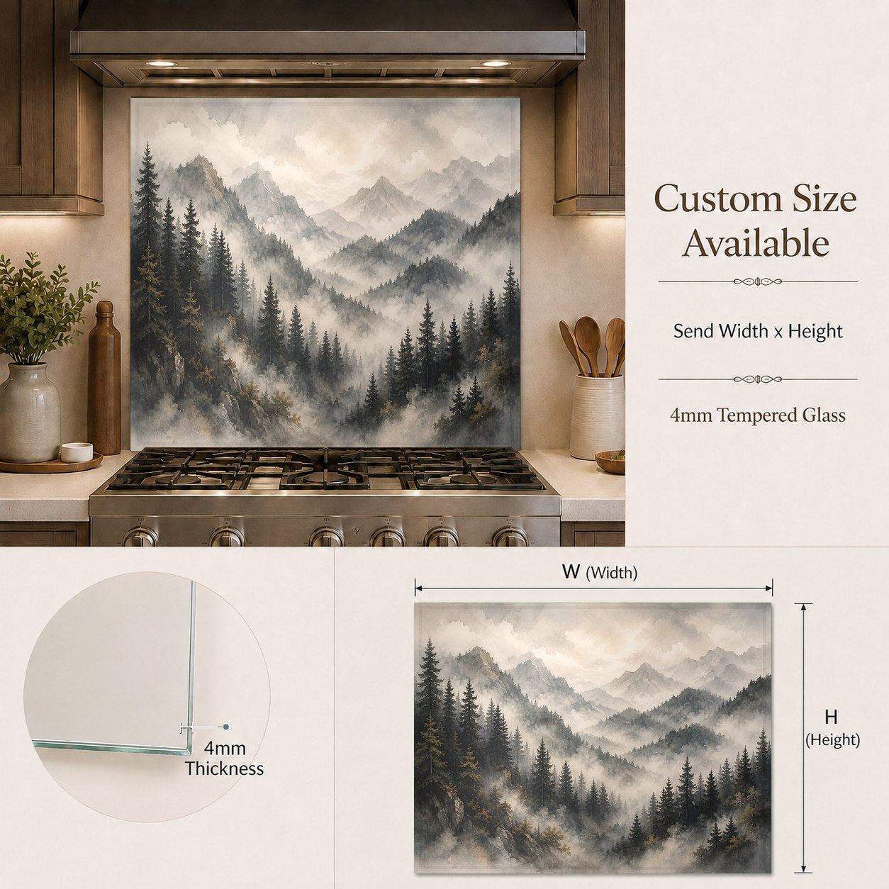 Heat-resistant glass stove backsplash featuring a serene misty pine forest scene.