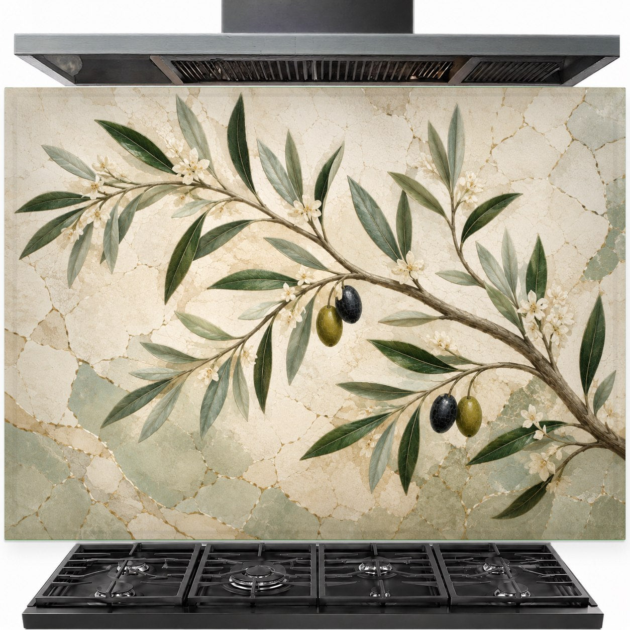 Olive Whisper tempered glass backsplash panel installed behind a modern gas stove in a bright farmhouse kitchen.