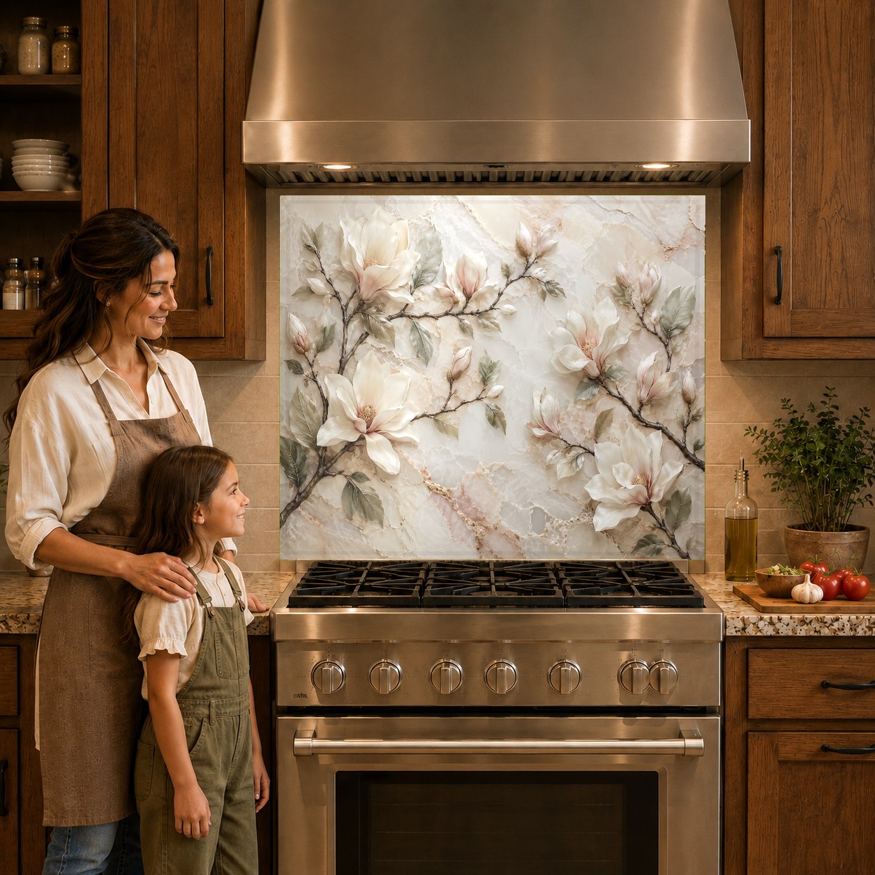 Luxury white marble kitchen backsplash panel behind a gas cooktop
