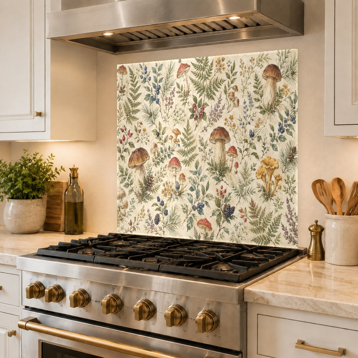 Chic home bar area accented with a custom-fit botanical garden tempered glass backsplash panel.