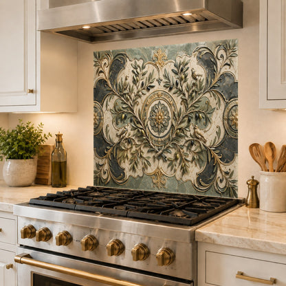 Rustic kitchen setting with an Olive Majesty printed glass backsplash installed behind a cooktop.