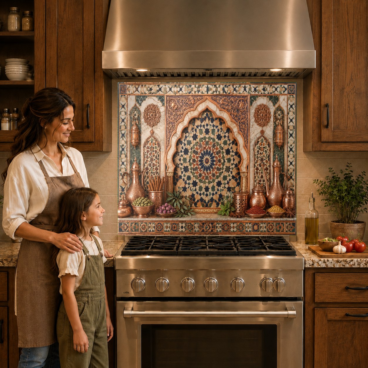 Metallic copper glass kitchen panel mounted behind a modern gas cooktop