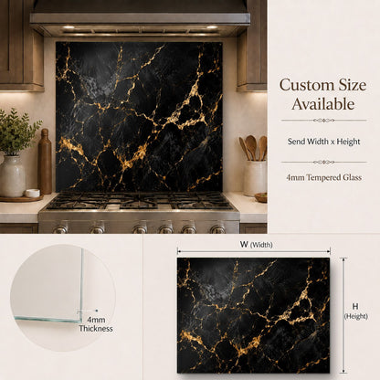Luxurious black and gold marble glass backsplash accentuating a contemporary kitchen bar area.