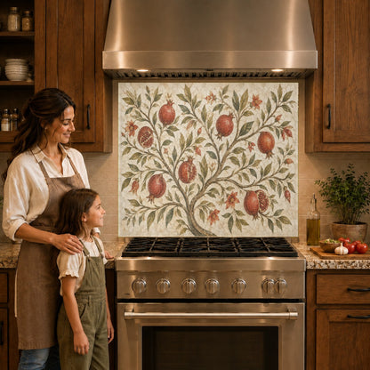 Mediterranean pomegranate patterned kitchen glass backsplash behind an induction cooktop with white cabinets.