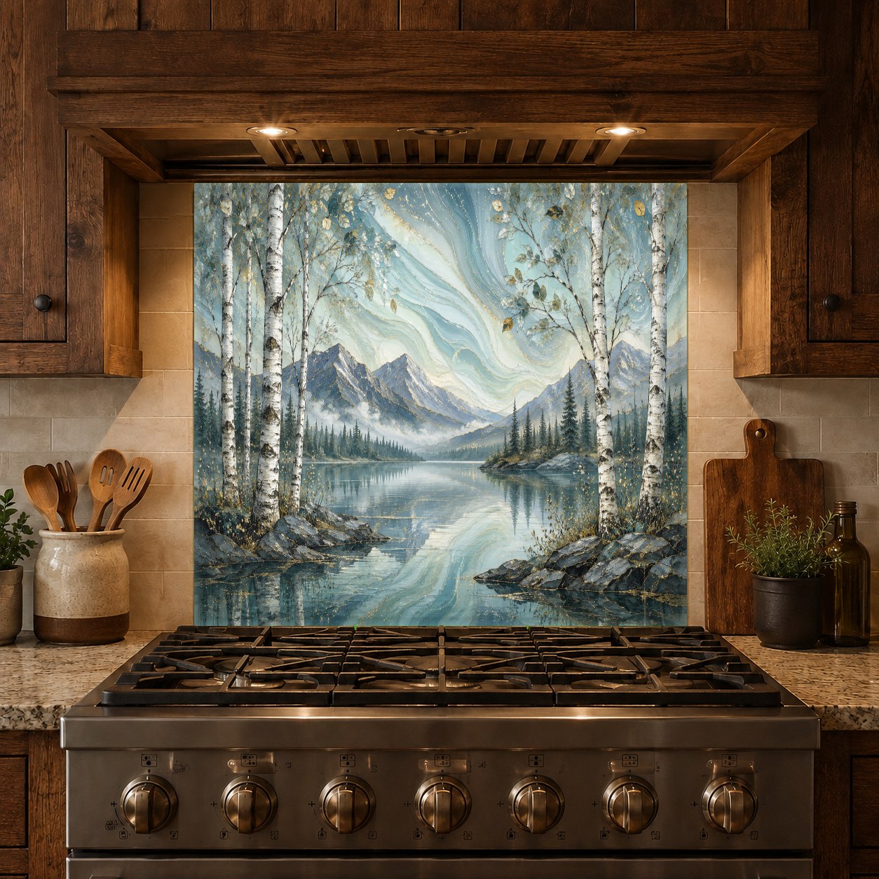 Scenic Great Lake tempered glass panel used as a full-height kitchen backsplash behind a stove and range hood.