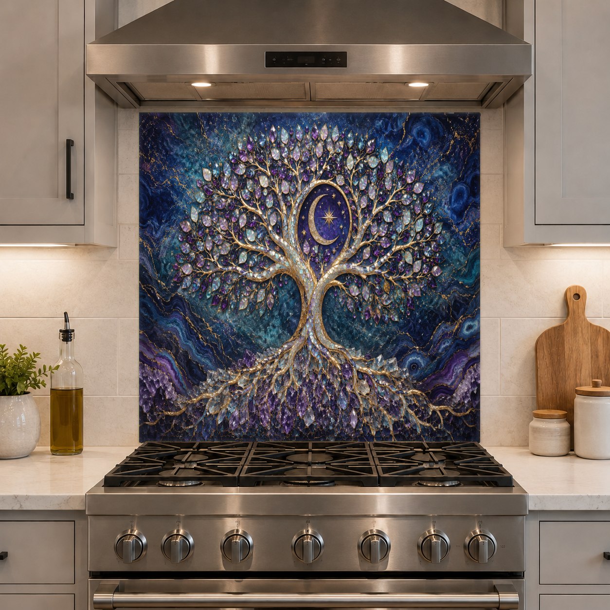 Elegant kitchen design featuring a cosmic tree glass backsplash panel between rustic wooden shelves.