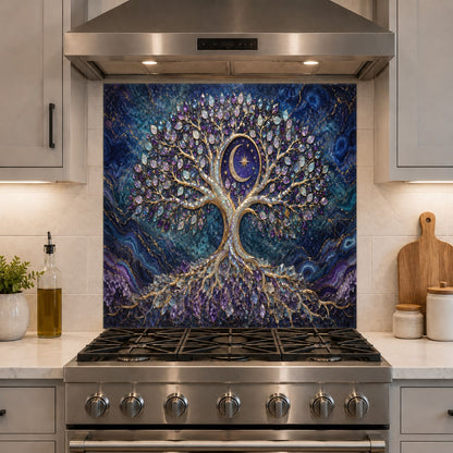 Elegant kitchen design featuring a cosmic tree glass backsplash panel between rustic wooden shelves.