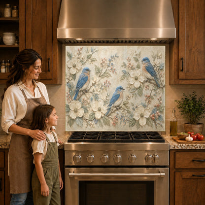 Vibrant nature glass kitchen panel mounted behind a gas cooktop