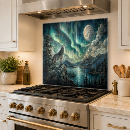 Hygienic easy-clean glass backsplash panel with wolf art behind the kitchen range