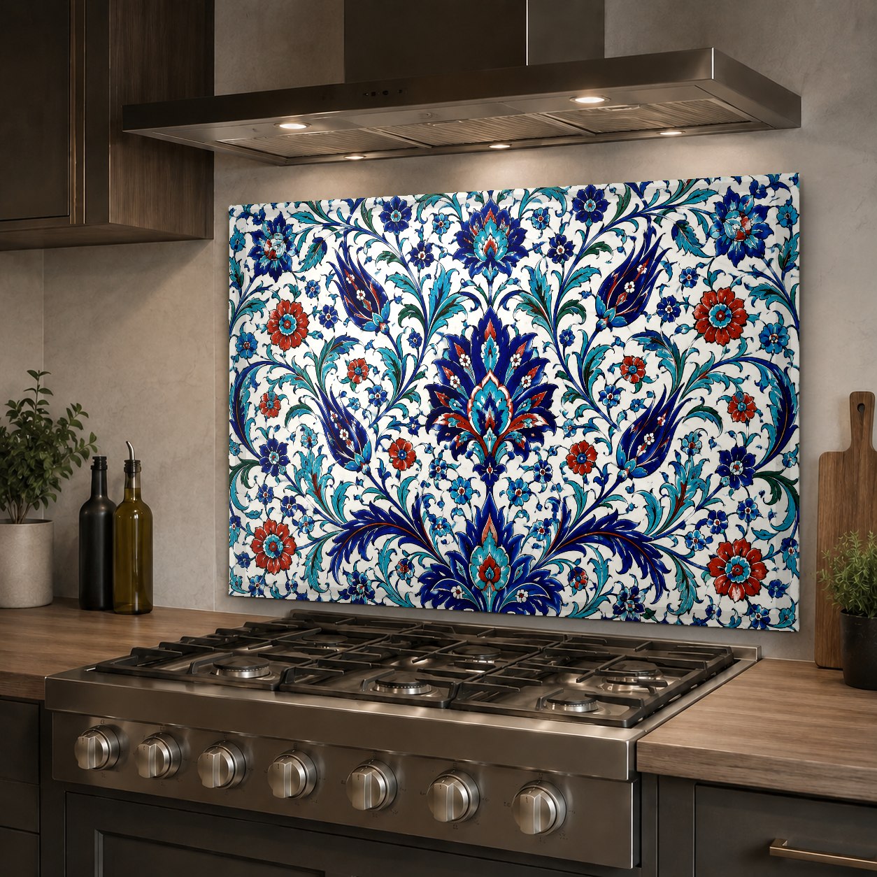 A durable Iznik tile design glass backsplash panel adding a colorful historic touch to a contemporary white kitchen.
