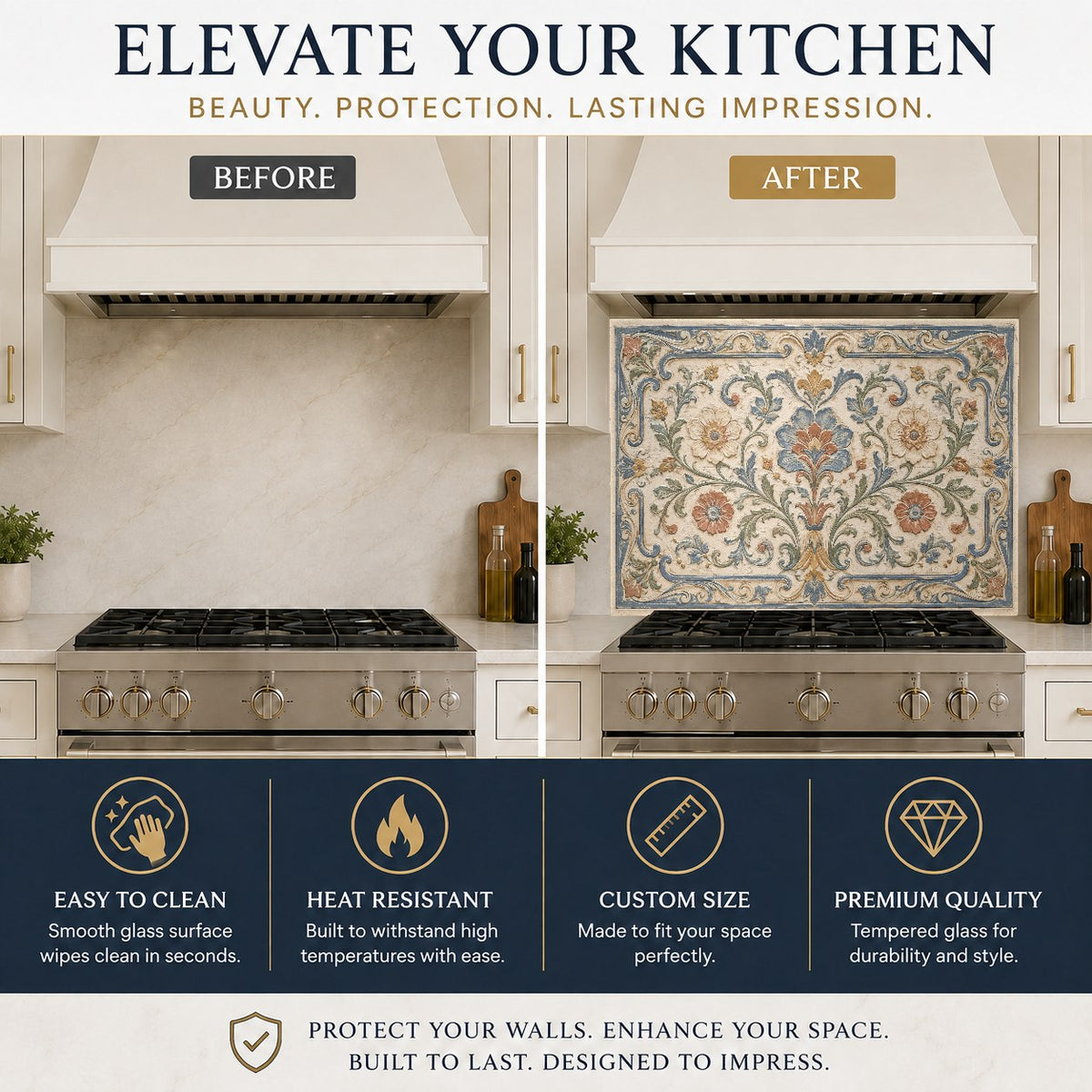 Vibrant Spanish tile style glass backsplash panel mounted behind a farmhouse kitchen sink.