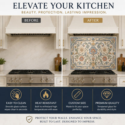 Vibrant Spanish tile style glass backsplash panel mounted behind a farmhouse kitchen sink.