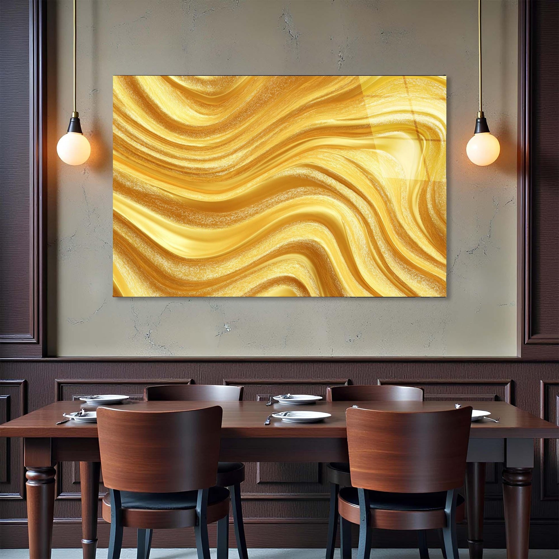 Dining room with a large abstract gold painting on the wall, wooden table, and chairs.