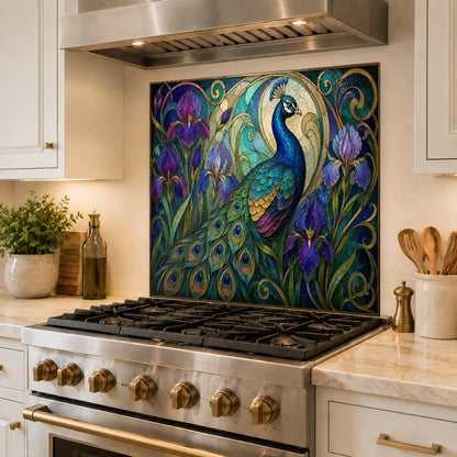 Close up of vibrant UV printed peacock glass backsplash texture