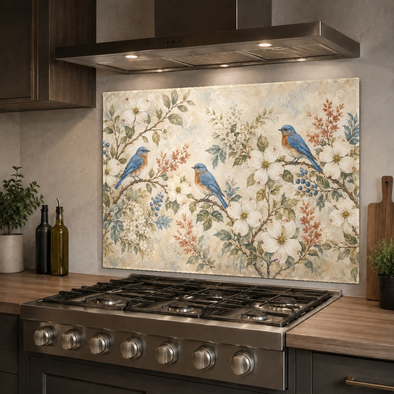 Elegant bird family kitchen backsplash guard positioned behind an induction stove in a bright, modern kitchen.