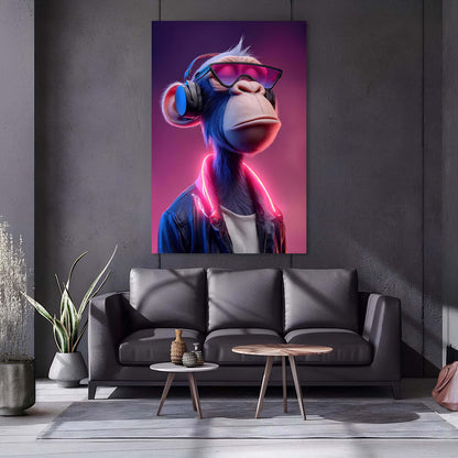 Modern living room with a dark gray sofa, small round tables, and a decorative wall art of a cartoonish monkey with sunglasses and neon lights.